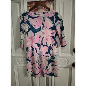 Lilly Pulitzer Dress 3/4 Sleeves Teal With Pink Flowers Gold Accents  XL 12/14